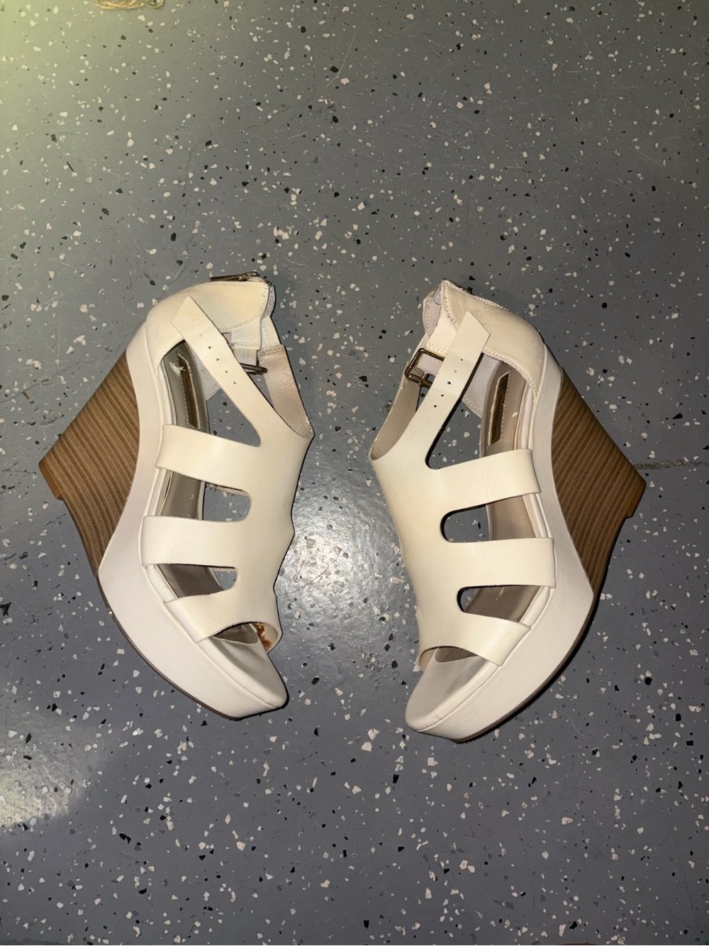 Women's Cream Open-Strap Wedge Sandals with Wood-Effect Heel